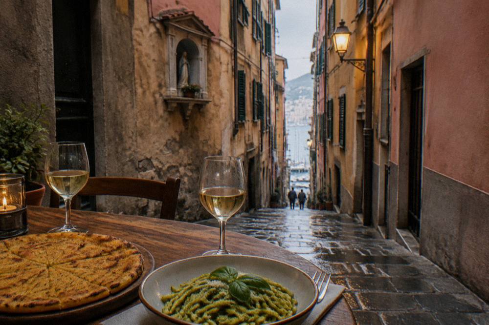 A table with a round of farinata, a bowl of pesto pasta and glasses of white wine