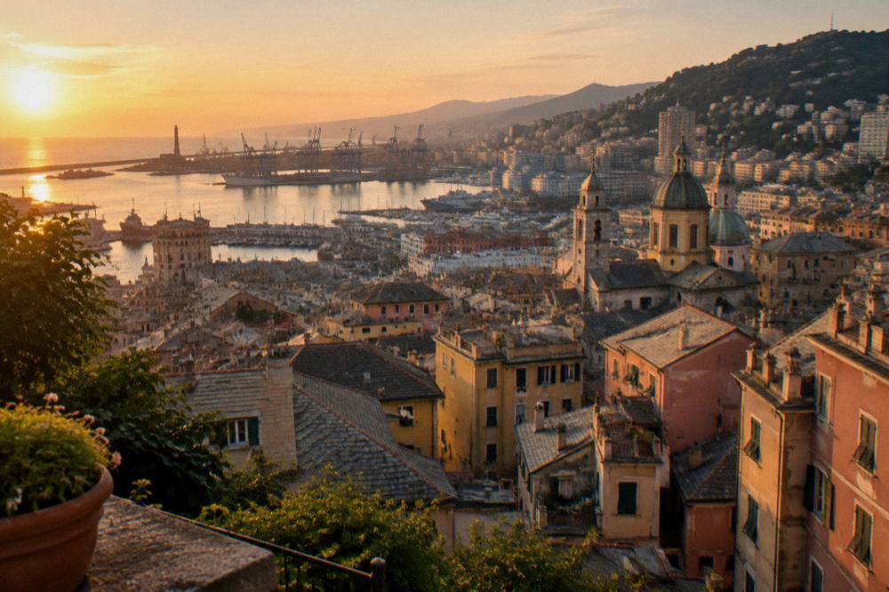 Evening light over the rooftops and harbour of Genoa from a hillside terrace