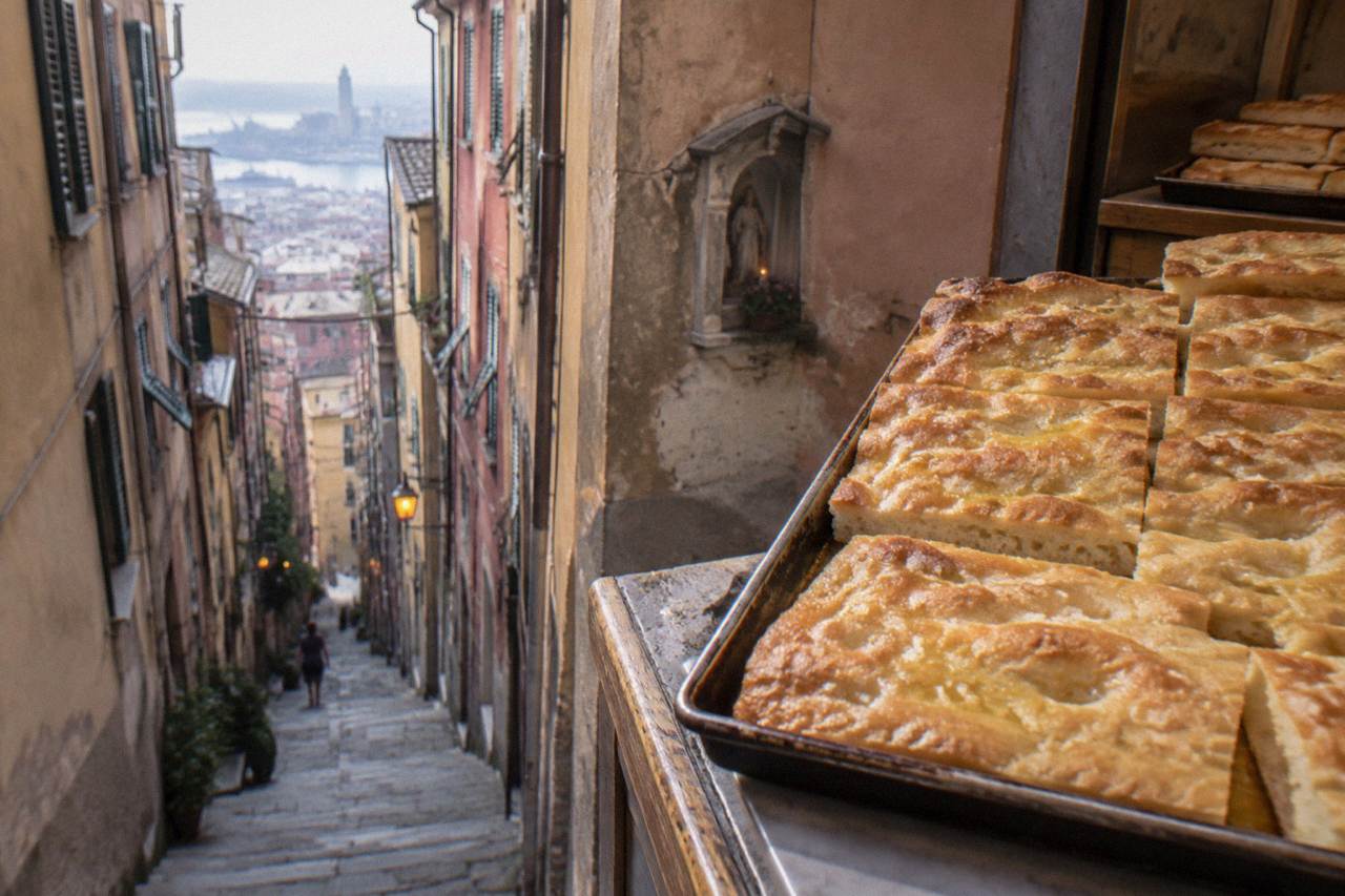 A flat tray of golden dimpled focaccia bread with olive oil and coarse salt, cut into rectangular slices on a bakery counter