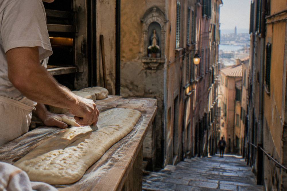 A baker scoring a long strip of raw focaccia dough on a floured wooden bench before baking