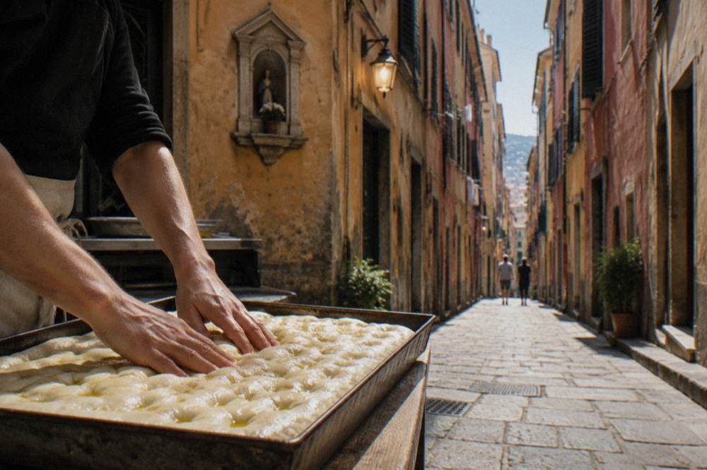 Hands pressing dimples into a tray of oiled focaccia dough before it goes into the oven