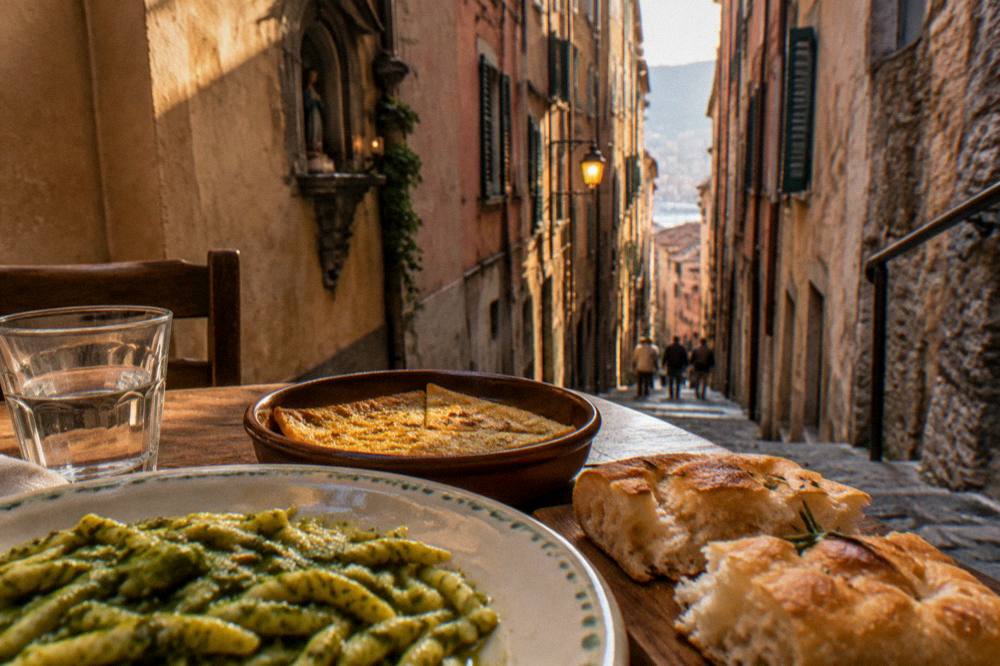 A rustic lunch table with a plate of twisted trofie pasta in green pesto, a bowl of farinata and torn pieces of focaccia
