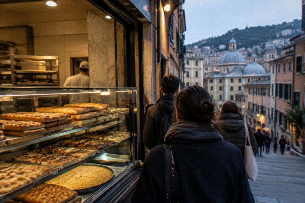 A bakery counter in Genoa with stacked trays of focaccia and farinata behind glass, a queue of customers waiting