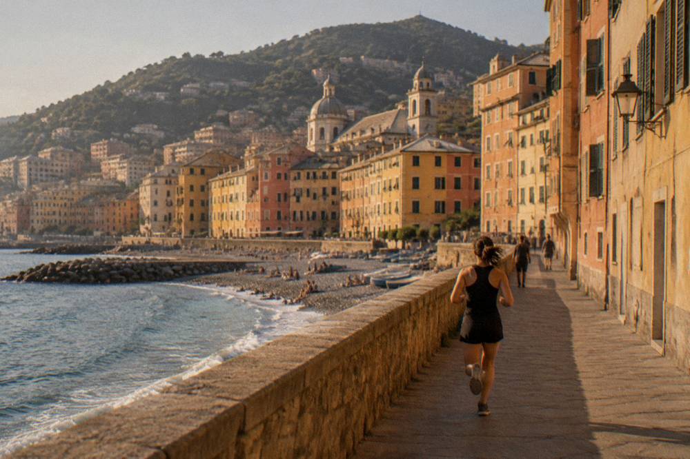 Colourful houses of a small fishing village around a pebble beach in Genoa