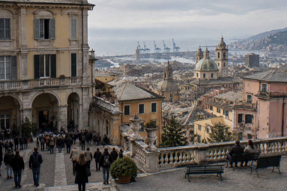 Crowds walking through a Renaissance palace courtyard during an open-doors event