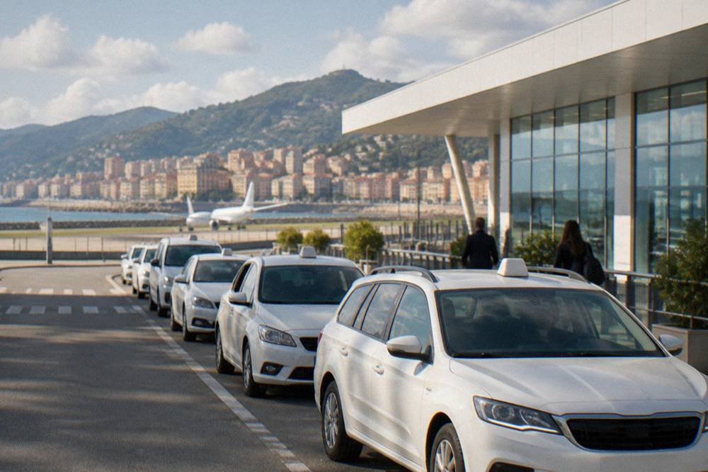 A row of white taxis lined up at a taxi rank outside an airport terminal