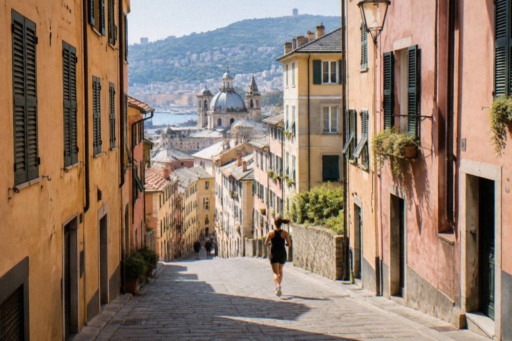 A hotel street in central Genoa with tall painted facades and shuttered windows