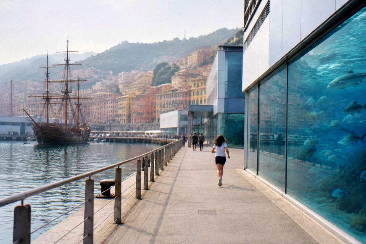The glass tank wall of the Aquarium of Genoa with fish swimming in blue water
