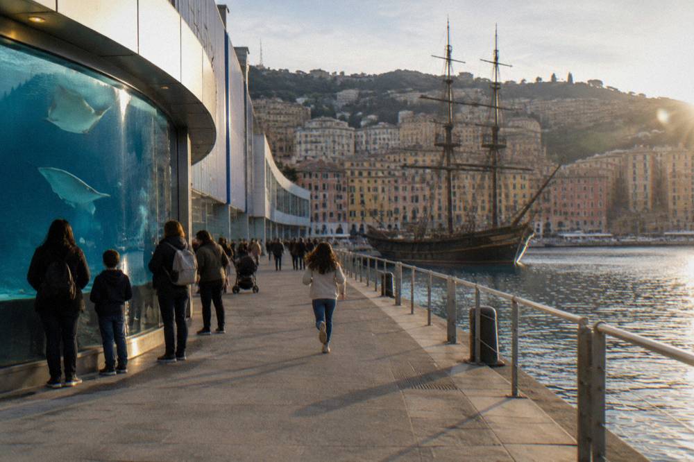 Visitors at a curved aquarium window watching rays glide past