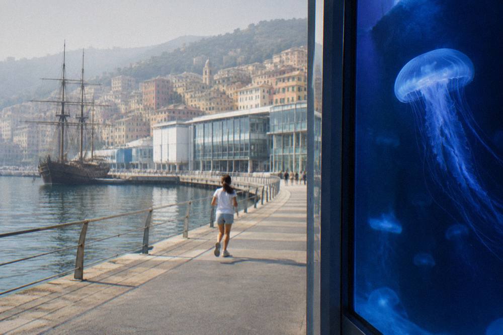 A jellyfish glowing under blue light in a dark exhibit room