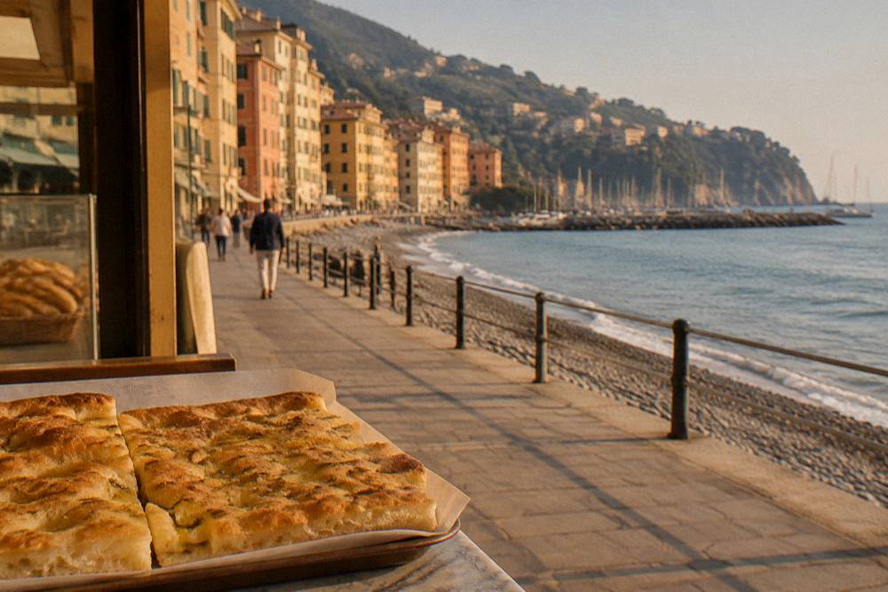 Flat focaccia bread with olive oil on a paper tray at a bakery counter