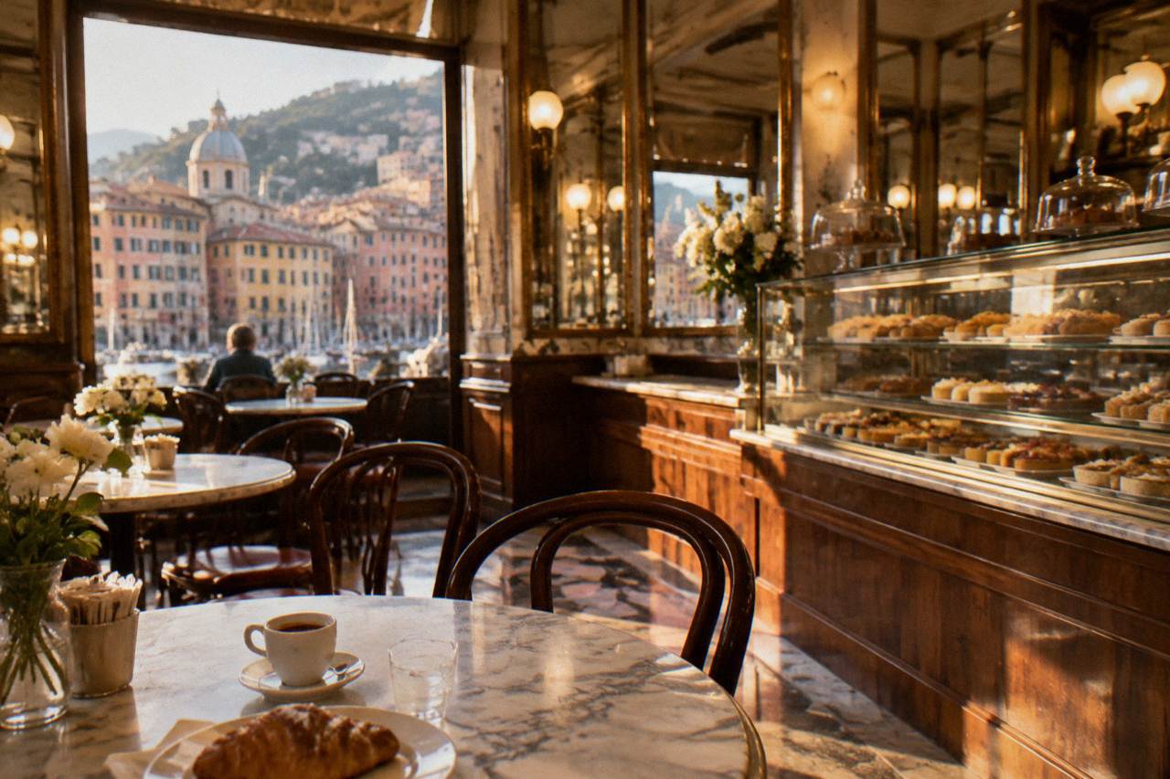 An elegant old café interior in Genoa with marble tables, mirrored walls and a glass pastry counter