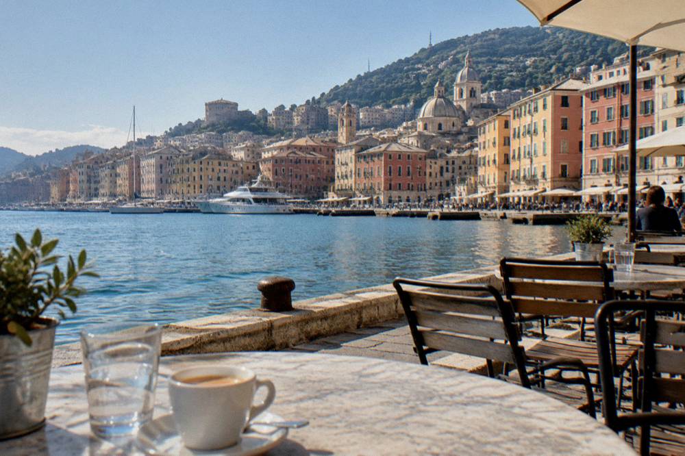 A seafront café terrace in Genoa with small tables and chairs facing the Ligurian Sea