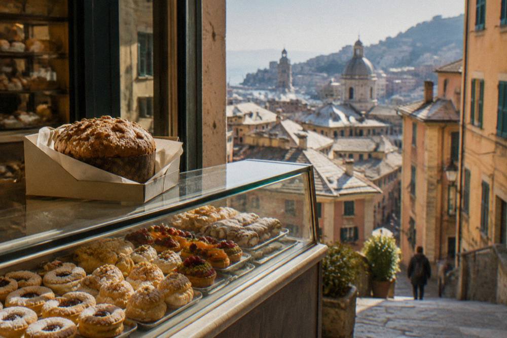 A pastry counter in Genoa displaying small sweet pastries and a boxed round of pandolce