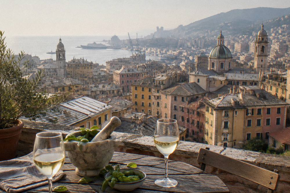 A rooftop table in Genoa set with a mortar and pestle, basil leaves and glasses of white wine at dusk
