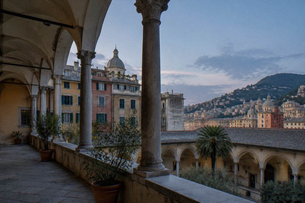 Cloister arcade of a former convent in Genoa with stone columns