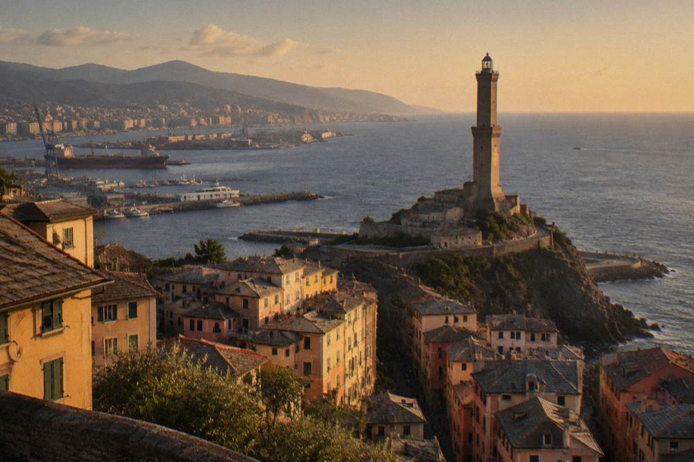 Tall stone lighthouse tower of the Lanterna at the edge of the port of Genoa