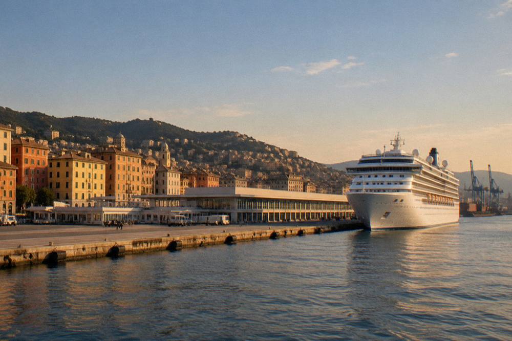 Small pastel-coloured harbour town on the Ligurian coast seen from the water