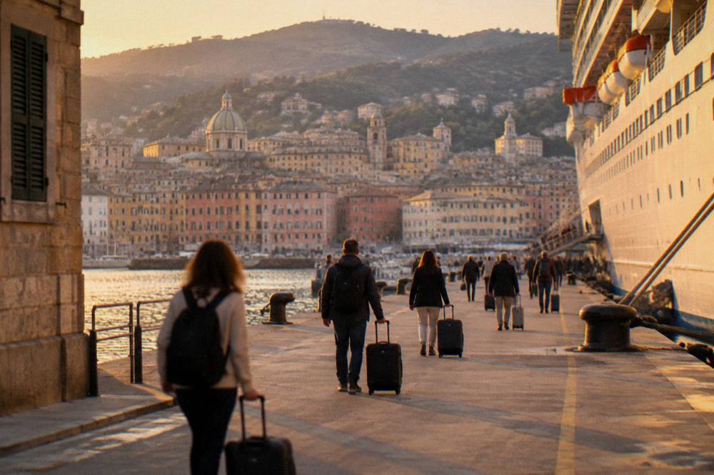 Passengers with suitcases walking along a quay beside a moored cruise ship in Genoa