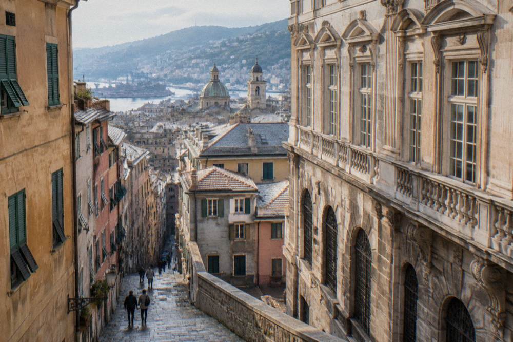 A grand Renaissance palace facade with ornate windows along a Genoa street