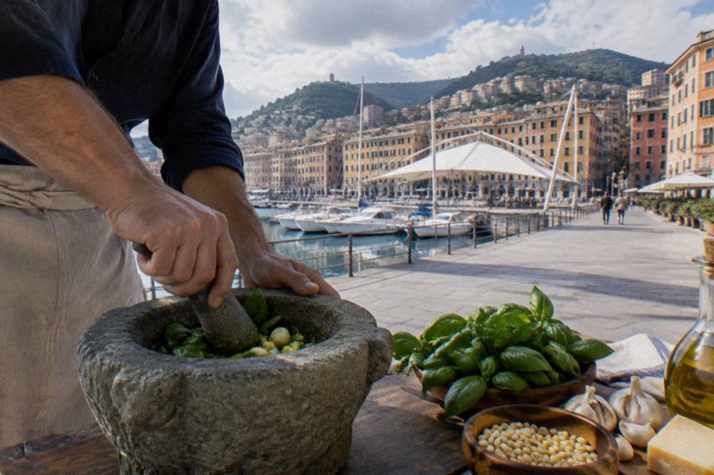 A cook crushing basil and garlic in a stone mortar to make pesto