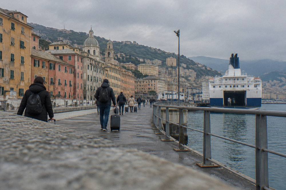 Passenger walkway leading to an overnight ferry at a Genoa pier