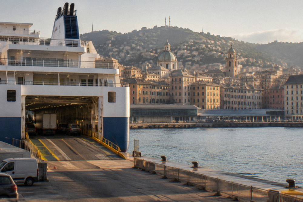 Large overnight ferry with vehicle deck ramp at the Genoa Stazioni Marittime terminal