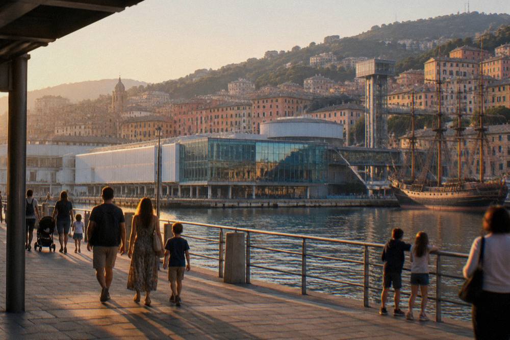 Families walking on the Porto Antico waterfront with the Aquarium building and a ship lift behind