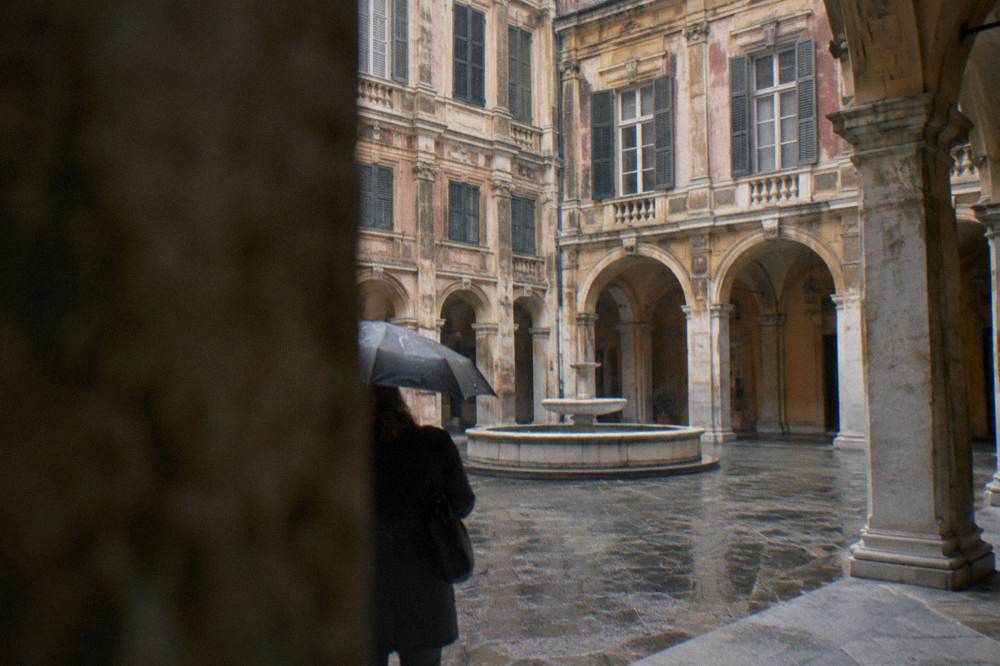 Courtyard of a Rolli palace in Genoa with arcaded galleries