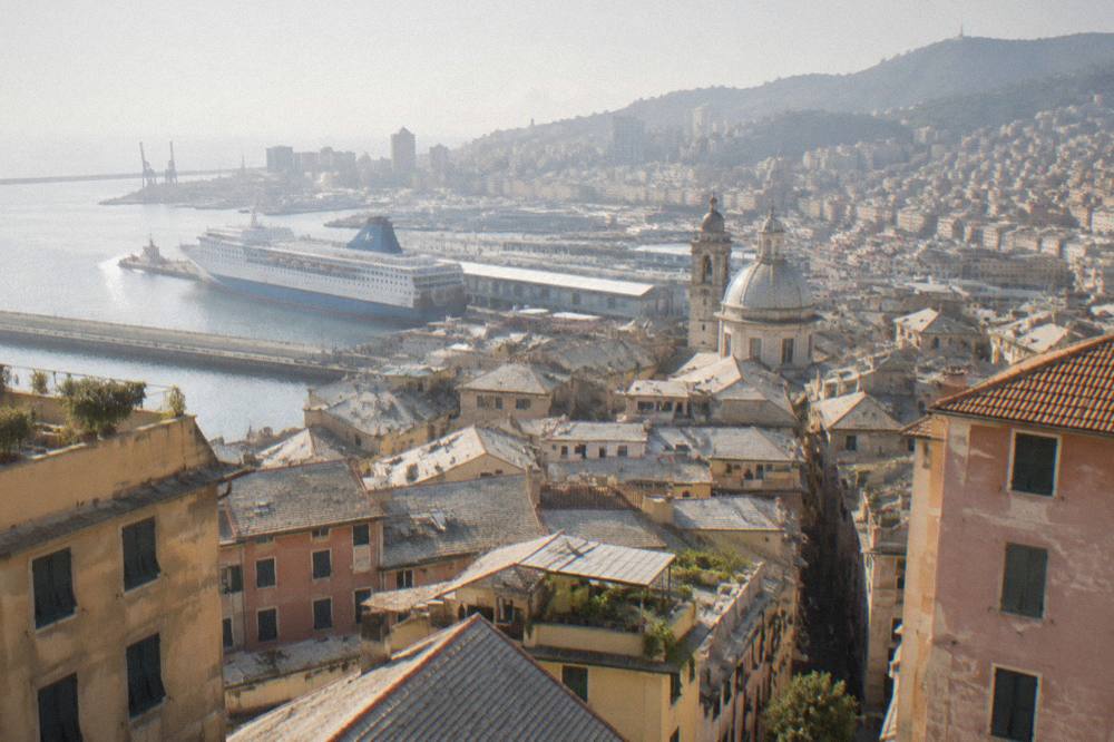 Ferry ship docked at the passenger terminal in the port of Genoa