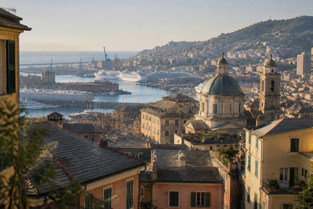 View over the rooftops and harbour of Genoa from a city viewpoint