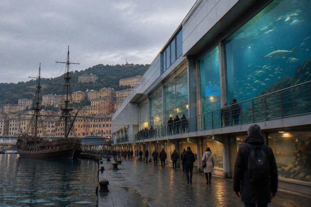 Large aquarium tanks lit indoors with visitors walking along a gallery walkway
