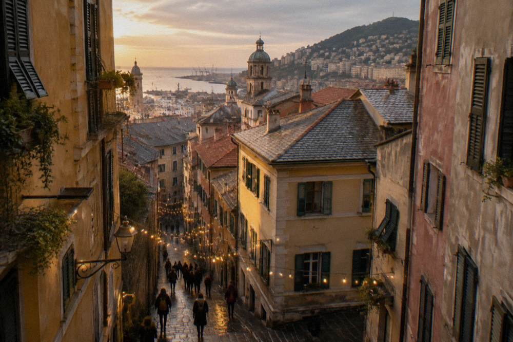 A narrow old town lane in Genoa strung with festive lights above the stone facades