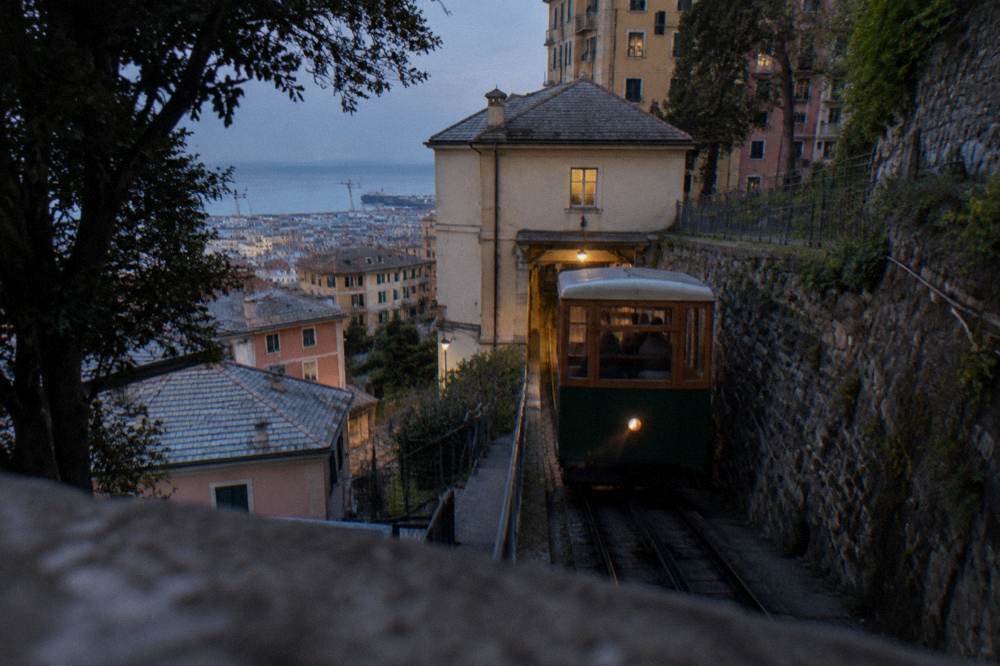 A small funicular car at the Sant'Anna station inside Genoa's old town