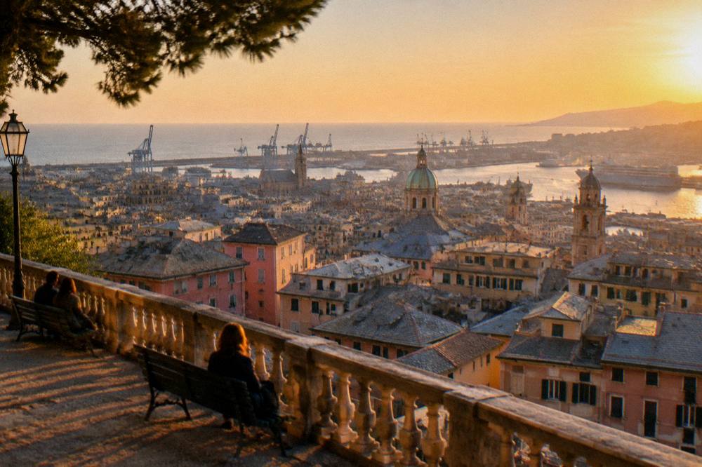The Spianata Castelletto terrace at golden hour overlooking Genoa's rooftops and harbour