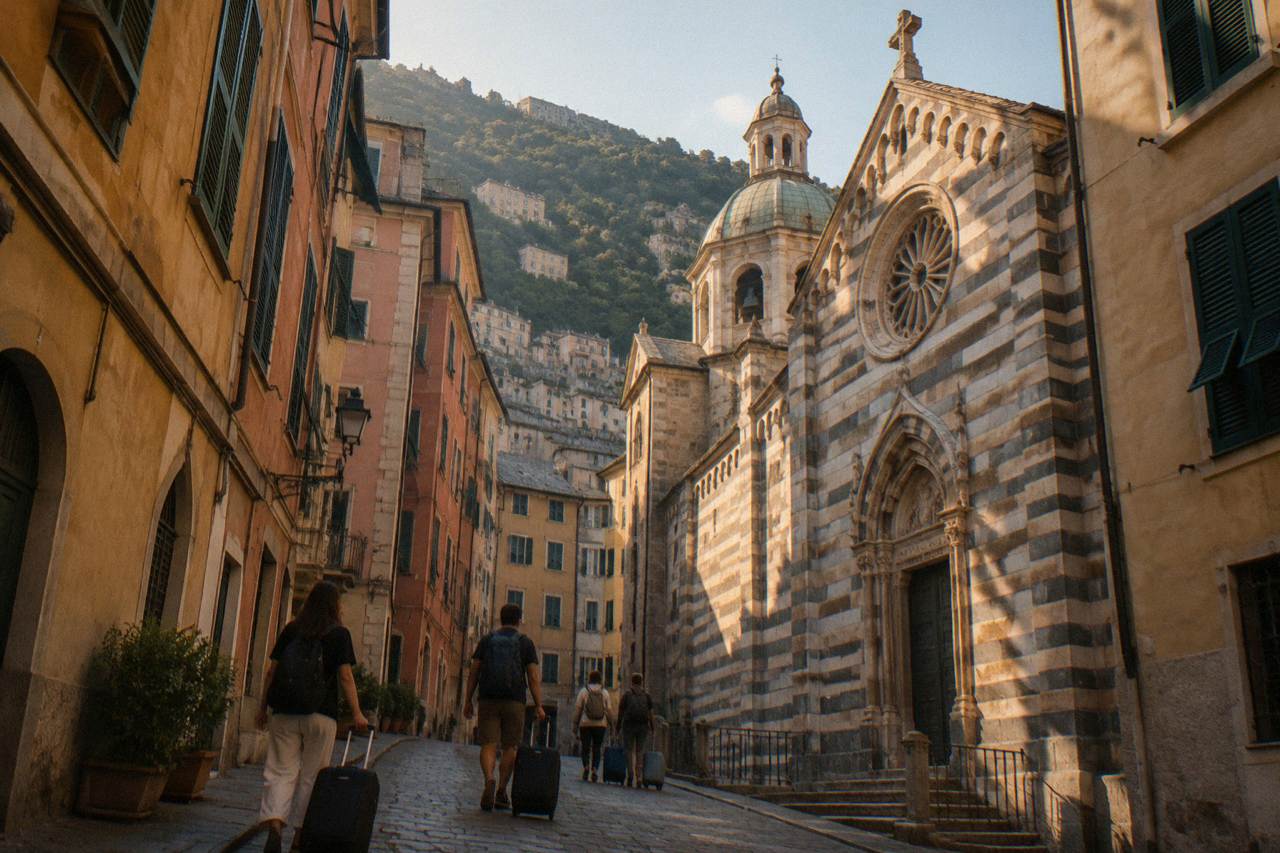 Travellers with suitcases walking past striped church facade in a narrow Genoa street