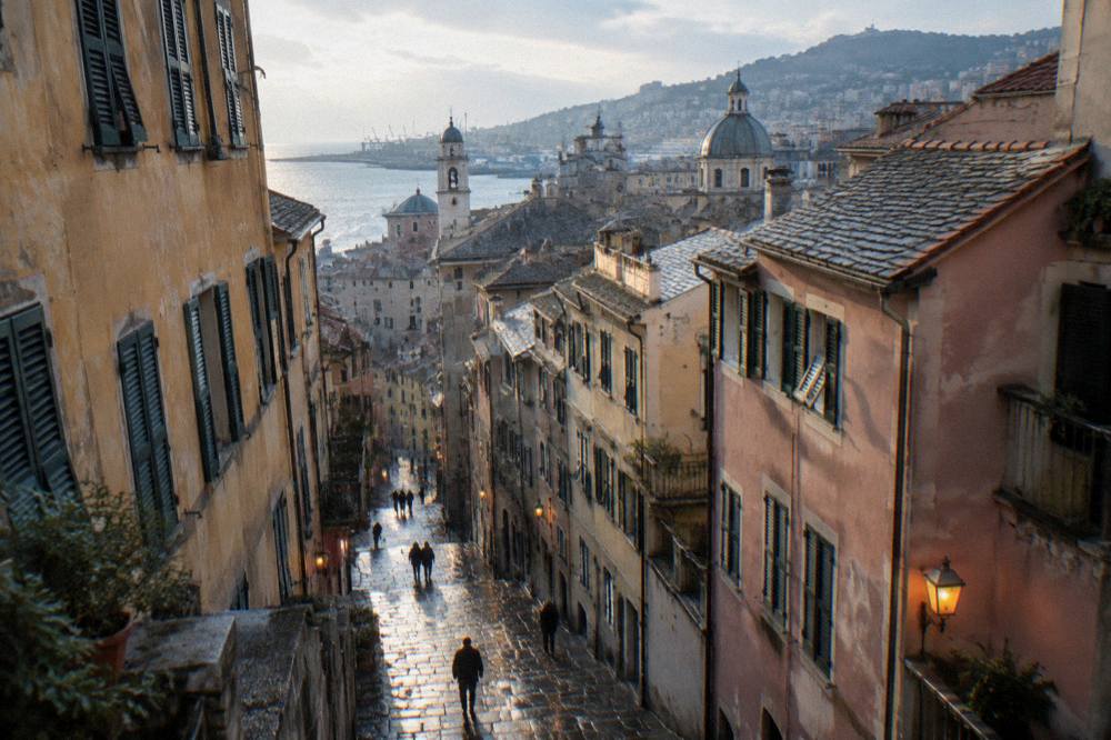 Wet cobblestone street in Genoa reflecting evening lights after rain