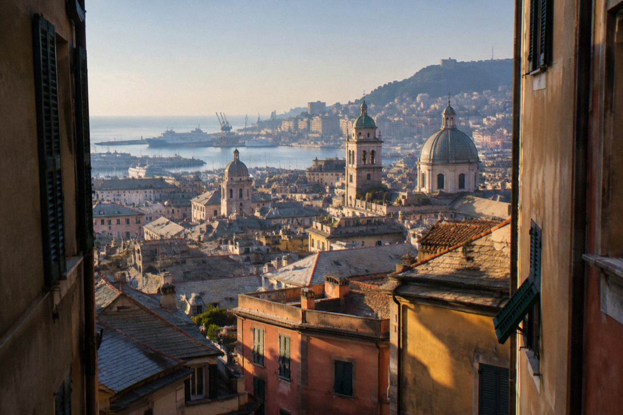 View over the tiled rooftops of central Genoa toward the harbour and the Ligurian Sea