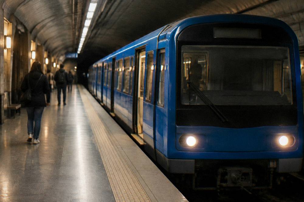 Blue AMT metro train waiting at an underground station platform in Genoa
