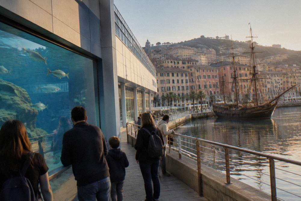 Visitors watching fish through a large aquarium tank window