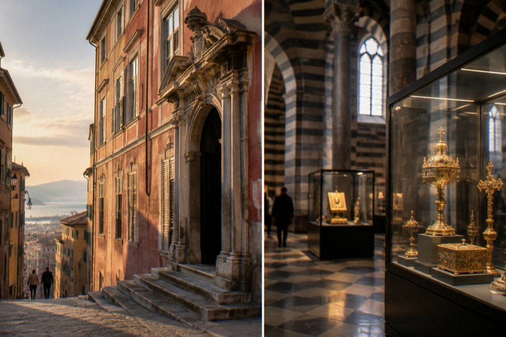 Cathedral interior with striped stone walls and a treasury display case