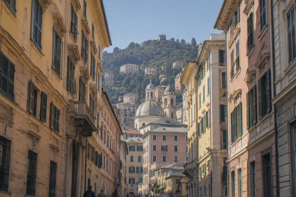 Renaissance palace street in Genoa with restored facades along a straight road