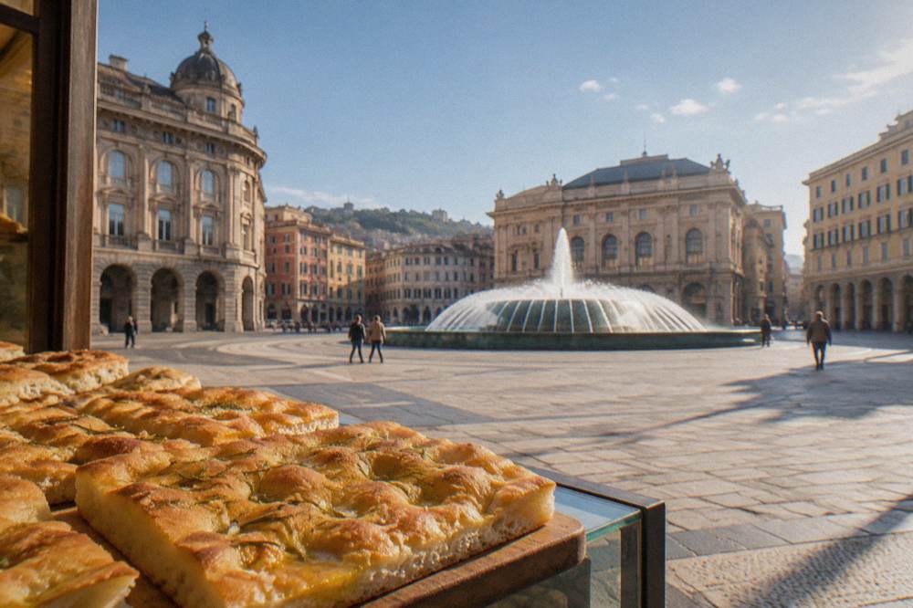 Freshly baked focaccia bread with olive oil on a bakery counter