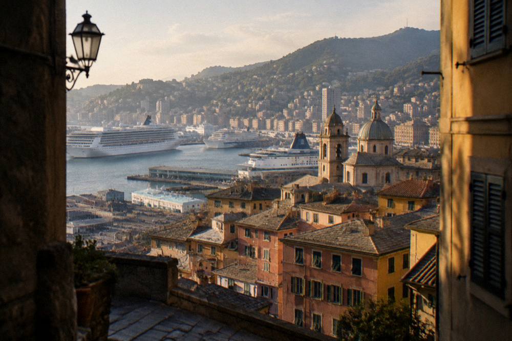 Cruise ship and ferry port of Genoa seen from the water with hills behind