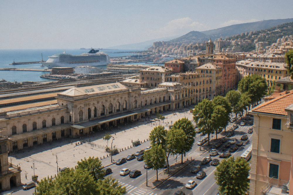 Large cruise ship docked at a terminal next to a historic city waterfront