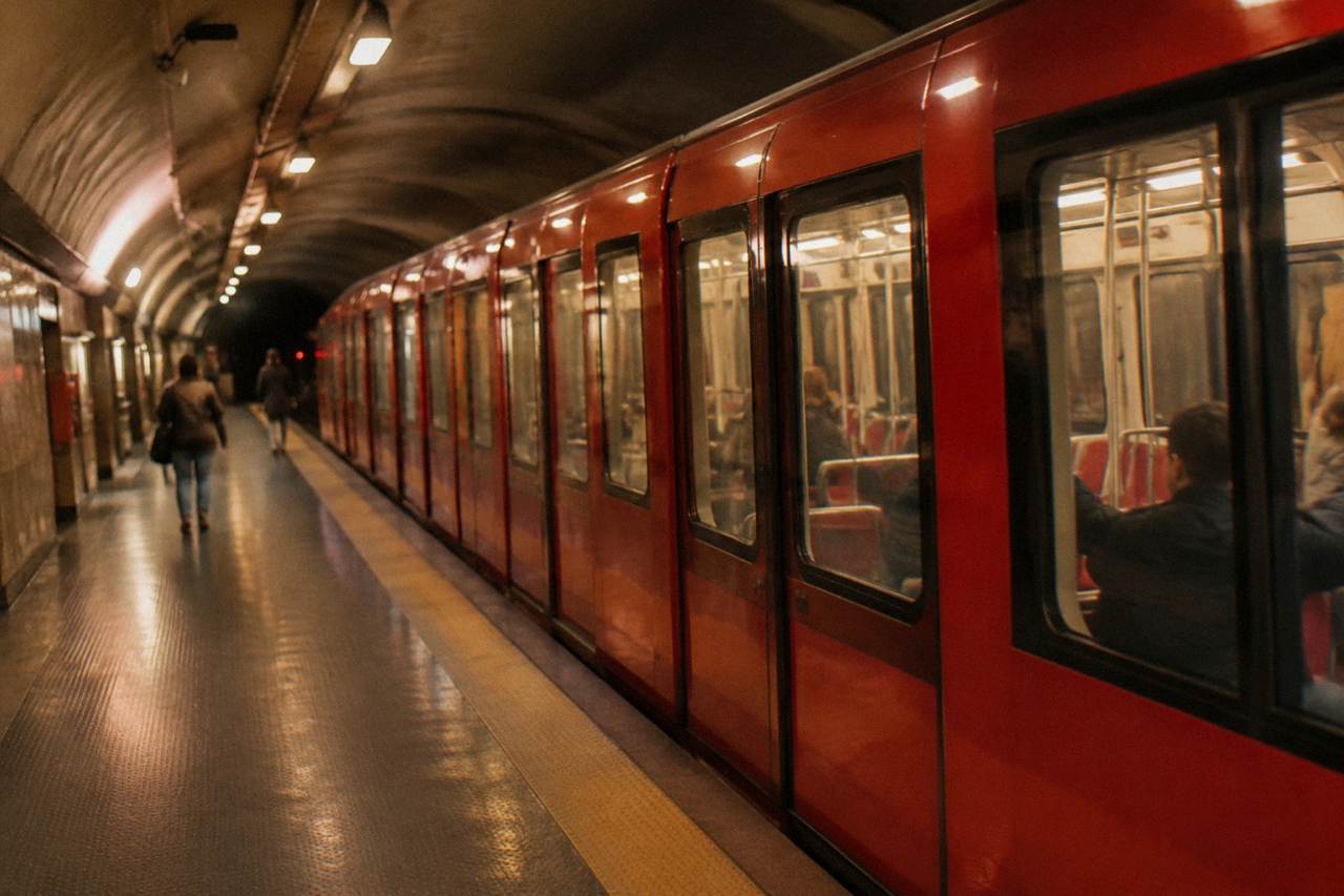 A red Genoa metro train at an underground station platform
