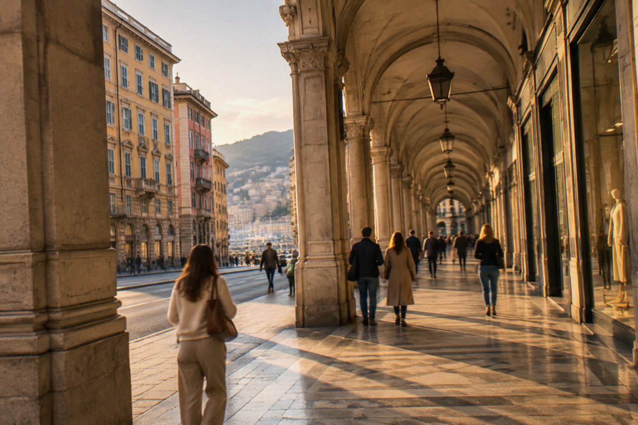 Shoppers walking along an elegant porticoed city street with shopfronts under ornate arcades
