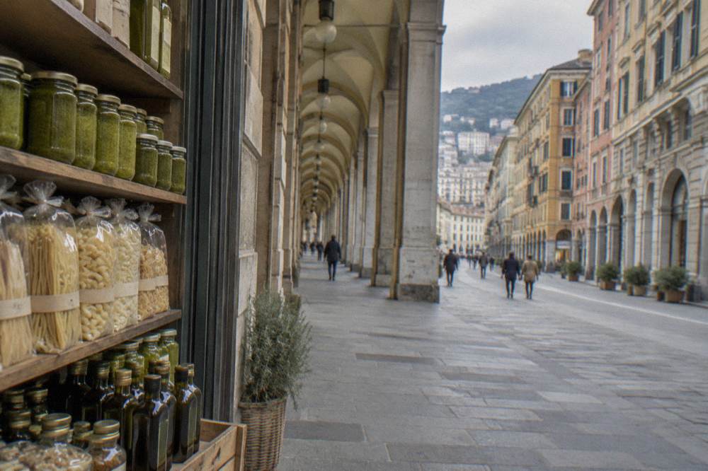 Jars of pesto, packets of dried pasta and bottles of oil on a food shop shelf