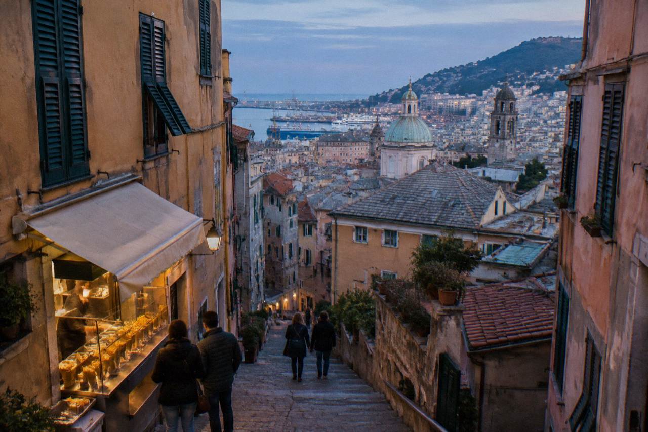 A narrow Genoa alley with a small shop counter selling fried food in paper cones
