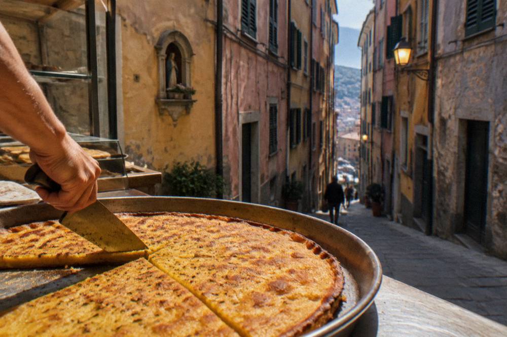 A round metal pan of golden farinata being cut into slices at a bakery counter